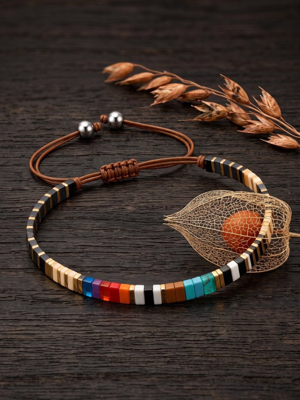 Tila Bead Bracelet Retro Rainbow Glass Stacking Western Santa Fe Adj 6-9"